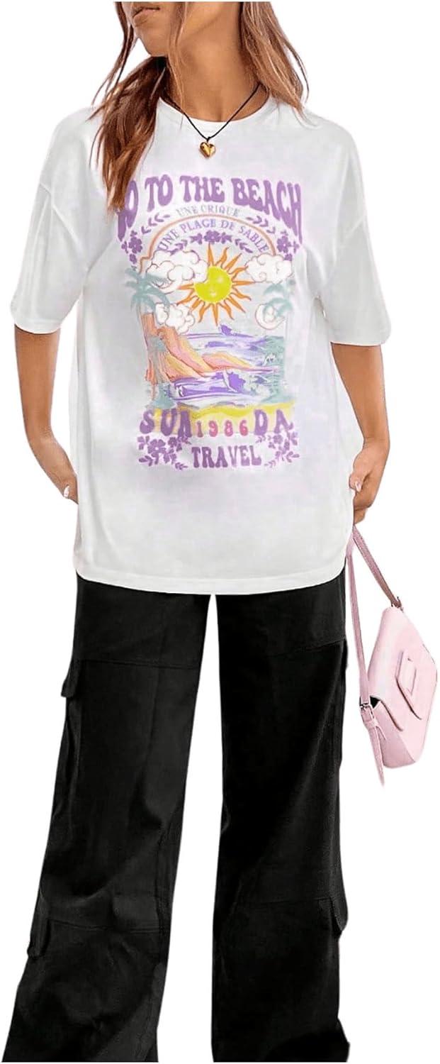 imageSOLY HUX Womens Graphic Tees Cute Print Short Sleeve Tee Preppy Clothes Casual Vintage Summer Oversized T Shirt TopWhite Purple Letter