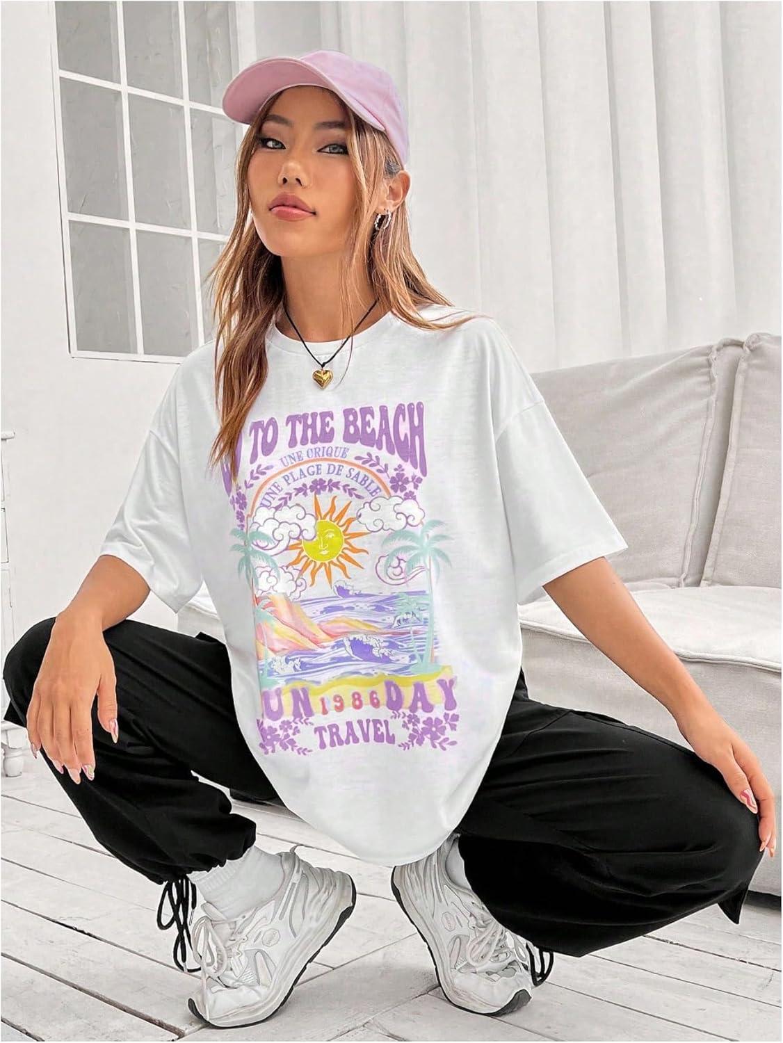 imageSOLY HUX Womens Graphic Tees Cute Print Short Sleeve Tee Preppy Clothes Casual Vintage Summer Oversized T Shirt TopWhite Purple Letter