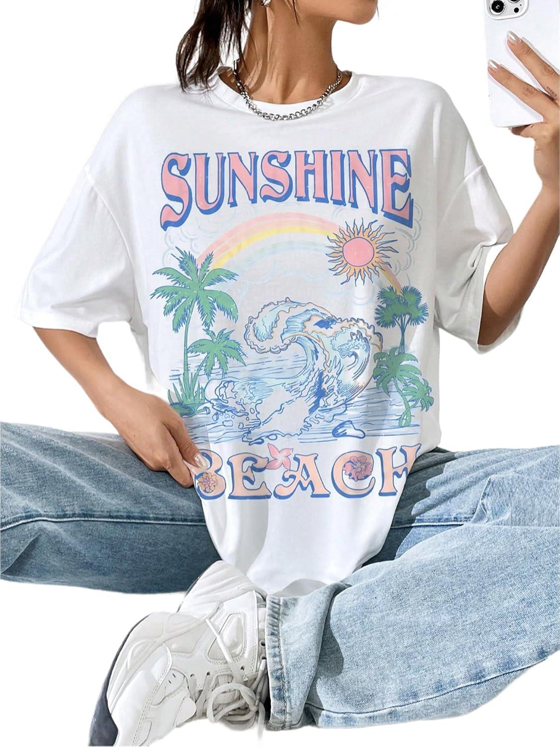 imageSOLY HUX Womens Graphic Tees Cute Print Short Sleeve Tee Preppy Clothes Casual Vintage Summer Oversized T Shirt TopWhite Sunshine