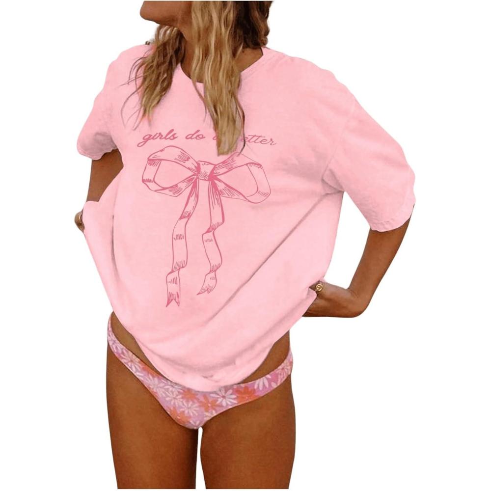 imageSOLY HUX Womens Graphic Tees Cute Print Short Sleeve Tee Preppy Clothes Casual Vintage Summer Oversized T Shirt TopPink Bows