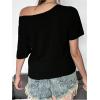 imageSOLY HUX Womens Letter Graphic Tees Off Shoulder Short Sleeve Asymmetrical Neck Loose T Shirt TopsBlack Letter