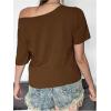 imageSOLY HUX Womens Letter Graphic Tees Off Shoulder Short Sleeve Asymmetrical Neck Loose T Shirt TopsCoffee Brown Letter