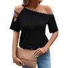 imageSOLY HUX Womens Off Shoulder Cut Out Short Sleeve T Shirt Rhinestone Tee TopsSolid Black