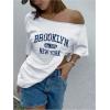 imageSOLY HUX Womens Oversized Graphic Tees Off Shoulder Short Sleeve Asymmetrical Neck T Shirt TopsWhite Letter Print