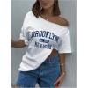 imageSOLY HUX Womens Oversized Graphic Tees Off Shoulder Short Sleeve Asymmetrical Neck T Shirt TopsWhite Letter Print