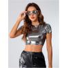 imageSOLY HUX Womens Y2k Metallic Tee Mock Neck Short Sleeve Crop Tops T ShirtSolid Silver
