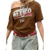imageSOLY HUX Womens Letter Graphic Tees Off Shoulder Short Sleeve Asymmetrical Neck Loose T Shirt TopsCoffee Brown Letter