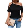 imageSOLY HUX Womens Off Shoulder Cut Out Short Sleeve T Shirt Rhinestone Tee TopsSolid Black