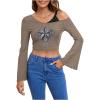 imageSOLY HUX Womens Y2k Graphic Tees Lace Trim Cold Shoulder Long Sleeve Star Print T Shirt Crop TopsDark Grey Star