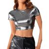 imageSOLY HUX Womens Y2k Metallic Tee Mock Neck Short Sleeve Crop Tops T ShirtSolid Silver