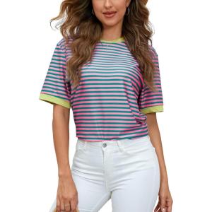 imageSOLY HUX Womens Color Block Striped TShirt Summer Casual Crew Neck Short Sleeve Tee TopsOrange Blue Multi
