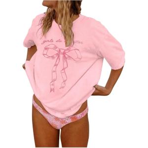 imageSOLY HUX Womens Graphic Tees Cute Print Short Sleeve Tee Preppy Clothes Casual Vintage Summer Oversized T Shirt TopPink Bows