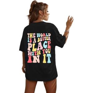 imageSOLY HUX Womens Graphic Tees Oversized T Shirts Basic Letter Print Short Sleeve Loose Fit TopsBlack
