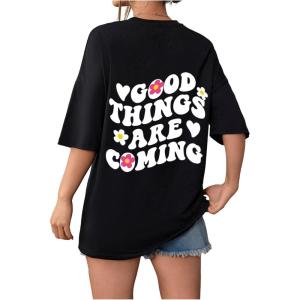 imageSOLY HUX Womens Graphic Tees Oversized T Shirts Basic Letter Print Short Sleeve Loose Fit TopsBlack White Graphic