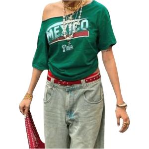 imageSOLY HUX Womens Letter Graphic Tees Off Shoulder Short Sleeve Asymmetrical Neck Loose T Shirt TopsDark Green Letter