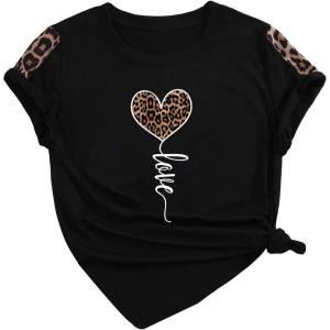 imageSOLY HUX Womens Letter Heart Graphic Print Tee Short Sleeve Crew Neck T Shirt Casual Summer TopsBlack Leopard