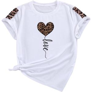 imageSOLY HUX Womens Letter Heart Graphic Print Tee Short Sleeve Crew Neck T Shirt Casual Summer TopsWhite Leopard