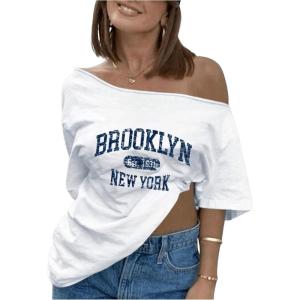 imageSOLY HUX Womens Oversized Graphic Tees Off Shoulder Short Sleeve Asymmetrical Neck T Shirt TopsWhite Letter Print