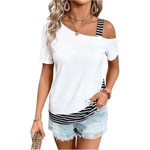 imageSOLY HUX Womens Striped Tee Cold Shoulder Short Sleeve Summer T Shirt TopsWhite Striped