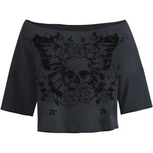 imageSOLY HUX Womens Y2K Grunge Shirts Short Sleeve Off Shoulder Crop Graphic Tees Goth Skull TopsDark Grey Graphic