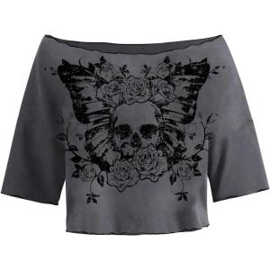 imageSOLY HUX Womens Y2K Grunge Shirts Short Sleeve Off Shoulder Crop Graphic Tees Goth Skull TopsGrey Graphic