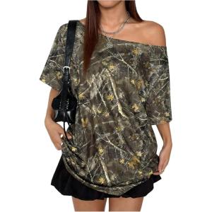 imageSOLY HUX Womens Y2k Camo T Shirt Off The Shoulder Short Sleeve Summer Tops Streetwear T ShirtMulticoloured Maple Leaf