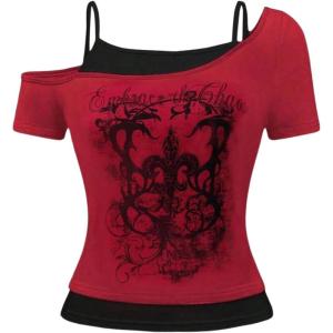 imageSOLY HUX Womens Y2k Goth Graphic Tees Cold Shoulder Short Sleeve T Shirt Color Block Summer TopsRed Graphic