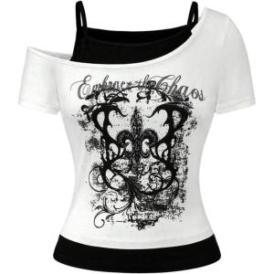imageSOLY HUX Womens Y2k Goth Graphic Tees Cold Shoulder Short Sleeve T Shirt Color Block Summer TopsWhite Graphic