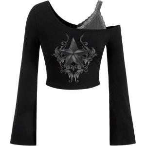 imageSOLY HUX Womens Y2k Graphic Tees Lace Trim Cold Shoulder Long Sleeve Star Print T Shirt Crop TopsBlack Star