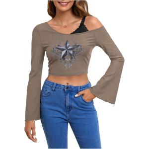 imageSOLY HUX Womens Y2k Graphic Tees Lace Trim Cold Shoulder Long Sleeve Star Print T Shirt Crop TopsDark Grey Star