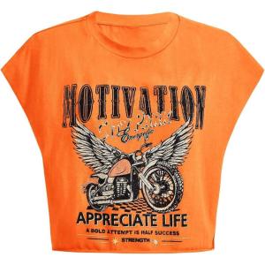 imageSOLY HUX Womens Y2k Vintage Graphic Short Sleeve Tee Tops Crew Neck Crop Tops for Summer Going Out T ShirtsOrange Moto