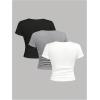 imageSOLY HUX Girls 3 Piece Summer Ruched Short Sleeve V Neck Tee T Shirts Basic Fitted Tops Cute ClothesBlack Grey White