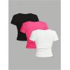 imageSOLY HUX Girls 3 Piece Summer Ruched Short Sleeve V Neck Tee T Shirts Basic Fitted Tops Cute ClothesHot Pink White Black