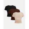 imageSOLY HUX Girls 3 Piece Summer Ruched Short Sleeve V Neck Tee T Shirts Basic Fitted Tops Cute ClothesKhaki Brown Black