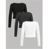imageSOLY HUX Girls 3 Piece T Shirt Ruched Square Neck Long Sleeve Tee Slim Fit Solid TopsMulticoloured
