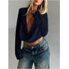 imageSOLY HUX Womens Deep V Neck Draped Crop Blouse Long Sleeve Shirts Going Out Cropped TopsDark Blue