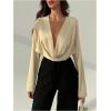imageSOLY HUX Womens Deep V Neck Draped Crop Blouse Long Sleeve Shirts Going Out Cropped TopsPure Apricot