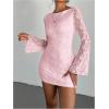 imageSOLY HUX Womens Lace Mini Dress Tie Backless Bell Long Sleeve Crew Neck Bodycon DressesSolid Pink