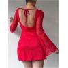 imageSOLY HUX Womens Lace Mini Dress Tie Backless Bell Long Sleeve Crew Neck Bodycon DressesSolid Red