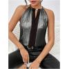 imageSOLY HUX Womens Metallic Sleeveless Shirts Color Block Halter Neck Tunic Top Party Club BlousesGrey and Black
