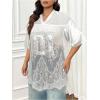 imageSOLY HUX Womens Plus Size Jersey Shirts Lace Sheer V Neck Half Sleeve Number Graphic Tees Casual T ShirtWhite Letter