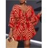 imageSOLY HUX Womens Plus Size Romper Striped V Neck Tie Front 34 Sleeve Loose Short JumpsuitBurgundy Printed
