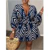 imageSOLY HUX Womens Plus Size Romper Striped V Neck Tie Front 34 Sleeve Loose Short JumpsuitDark Blue Printed