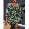 imageSOLY HUX Womens Plus Size Romper Striped V Neck Tie Front 34 Sleeve Loose Short JumpsuitGreen Printed