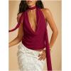 imageSOLY HUX Womens Sexy Deep V Neck Halter Tops Y2K Cowl Neck Backless Chiffon Summer Crop Top for Going Out ClubwearPure Burgundy