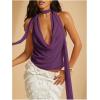imageSOLY HUX Womens Sexy Deep V Neck Halter Tops Y2K Cowl Neck Backless Chiffon Summer Crop Top for Going Out ClubwearPure Purple