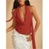 imageSOLY HUX Womens Sexy Deep V Neck Halter Tops Y2K Cowl Neck Backless Chiffon Summer Crop Top for Going Out ClubwearRust Brown