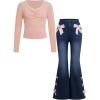 imageSOLY HUX Girls 2 Piece Outfit Lace Ruched Long Sleeve T Shirt and Bow Flare Pants Y2k SetMulti Color