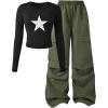 imageSOLY HUX Girls 2 Piece Outfit Star Print Crew Neck Long Sleeve T Shirt and Cargo Pants SetArmy Green Star