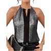 imageSOLY HUX Womens Metallic Sleeveless Shirts Color Block Halter Neck Tunic Top Party Club BlousesGrey and Black